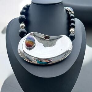 Alexis Kirk Rainbow Gemstone Chakra Collar Necklace Sculptural Silver Statement